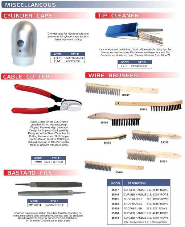 Cylnder Caps, Tip Cleaner, Cable Cutter, Gas Flow Tester, Wire Brushes, Bastard File